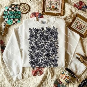 White Sweatshirt with Black Grey Rose Design Small-3X